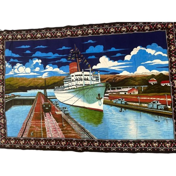 RARE Vintage ATC New York RN: 57114 Tapestry Wall Hanging Ship Scene - Picture 2 of 4